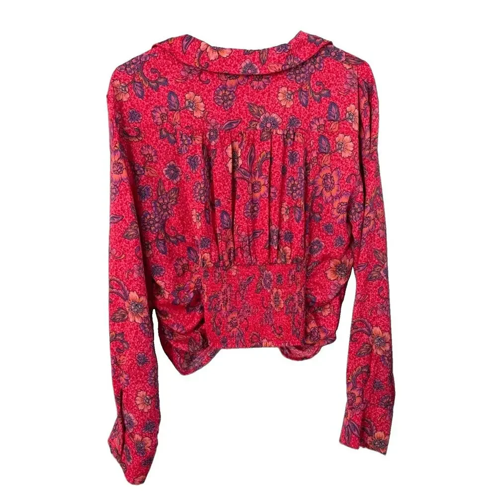 Free People $98 I Got You Floral Ruched V-Neck Cropped L/S Blouse Top Sz L